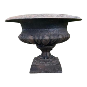 Antique French Cast Iron Garden Urn Planter With Decorative Relief
