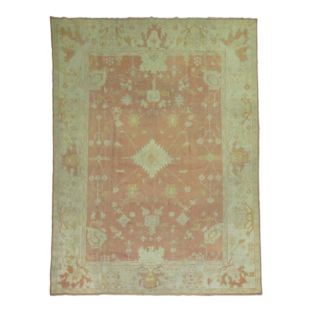 Antique Zabihi Collection Peach Color Turkish Oushak Carpet - 7'10" x 10'10" For Sale