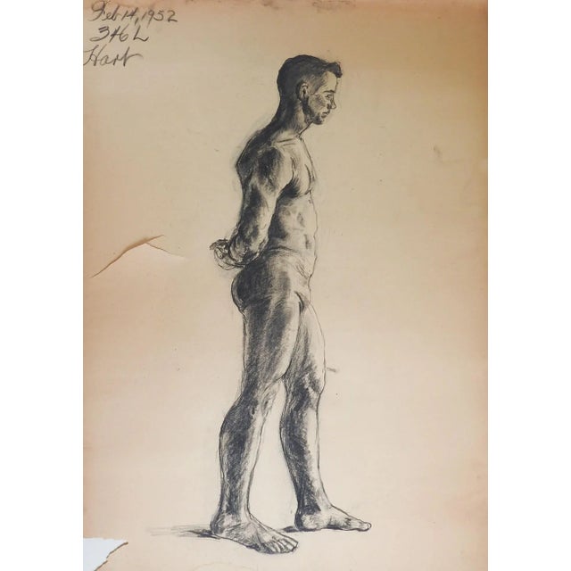 Mid-Century Modern Vintage 1950s Charcoal Seated Male Figure Study Drawing For Sale - Image 3 of 3