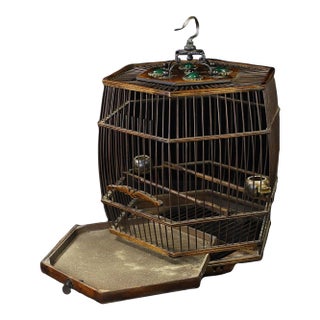 Vintage Chinese Huali Rosewood Hexagonal Bird Cage With Gemstone Inlays and Bronze Hook For Sale
