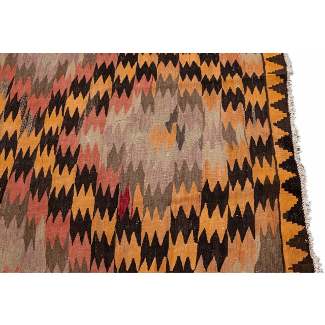 Vintage Kilim Handmade Flatweave Orange Geometric Wool Runner 4' 3'' X 8' 6'' For Sale In New York - Image 6 of 11