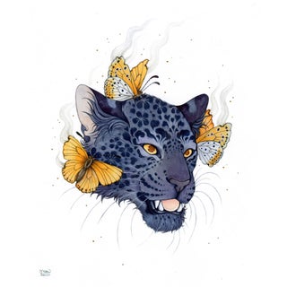 Amur Rarities by Nana Williams | Watercolor of a leopard's head with butterflies For Sale
