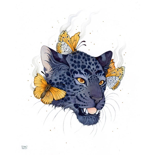 Amur Rarities by Nana Williams | Watercolor of a leopard's head with butterflies For Sale