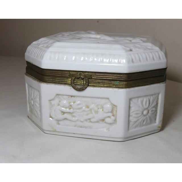 Large Antique Porcelain Figural Dresser Vanity Relief Casket Jewelry Box Jar For Sale In New York - Image 6 of 12