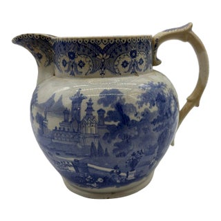 Antique English Blue Transferware Pitcher, Romantic Landscape With Castle For Sale