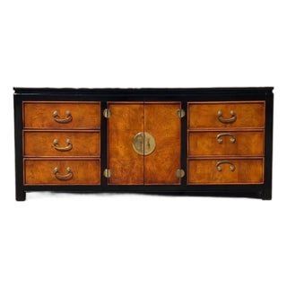 Vintage Stanley Furniture Chinoiserie Credenza Hollywood Regency Burl Wood Dresser , 1970s For Sale