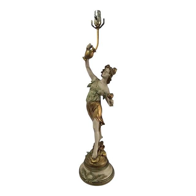 Antique Art Nouveau L&f Moreau Painted Spelter Figural Statue Table Lamp For Sale