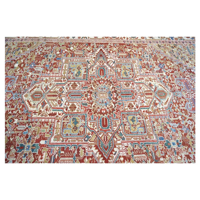 Antique Persian Heriz Wool 11X19 Rust, Ivory & Blue Handmade Area Rug #1140939 For Sale - Image 15 of 17
