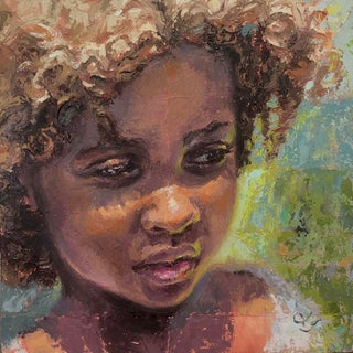 Skeptic by Lisa Fricker | Oil on Cradled Wood Panel Portrait of a young girl with curly hair For Sale