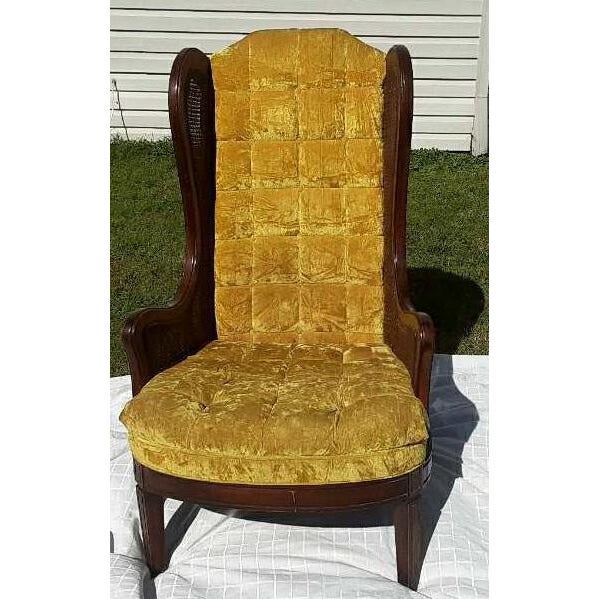 1960s Mid Century Modern Tufted Mustard Velvet Cane Wingback Chair