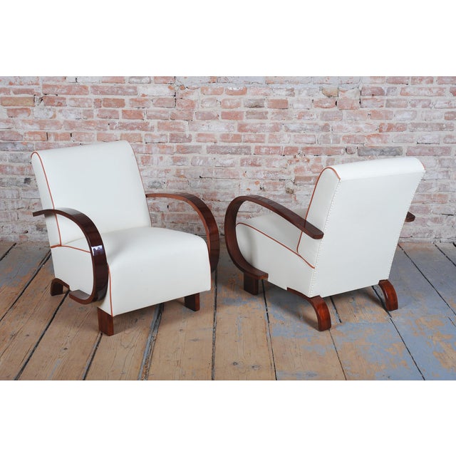 Beige Art Deco Armchairs in Walnut and Leather, Czech, 1930s, Set of 2 For Sale - Image 8 of 12