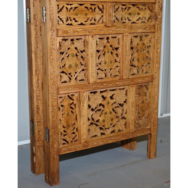 Hand Carved Solid Teak Folding Screen with Brass Inlaid Detail For Sale - Image 16 of 17