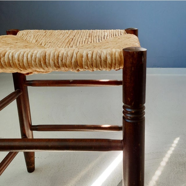 Rustic Wooden Stool with Rush Seat, 1960s For Sale - Image 3 of 5