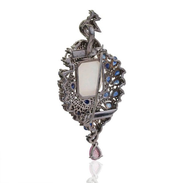 Early 21st Century Handcrafted Peacock Brooch Pendant Featuring 23.32 Carats of Gemstones & Diamonds For Sale - Image 5 of 10
