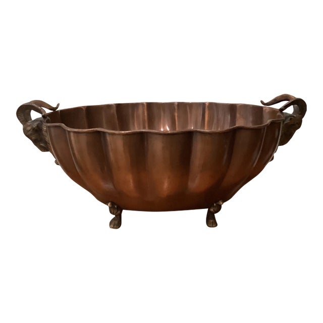 Vintage Scalloped Brass Jardinière Centerpiece Figural Ram Goat Head Handles For Sale