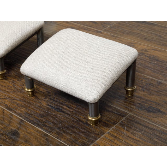 Pair of Vintage French Steel and Brass Footstools with Custom Linen Upholstery For Sale - Image 11 of 11