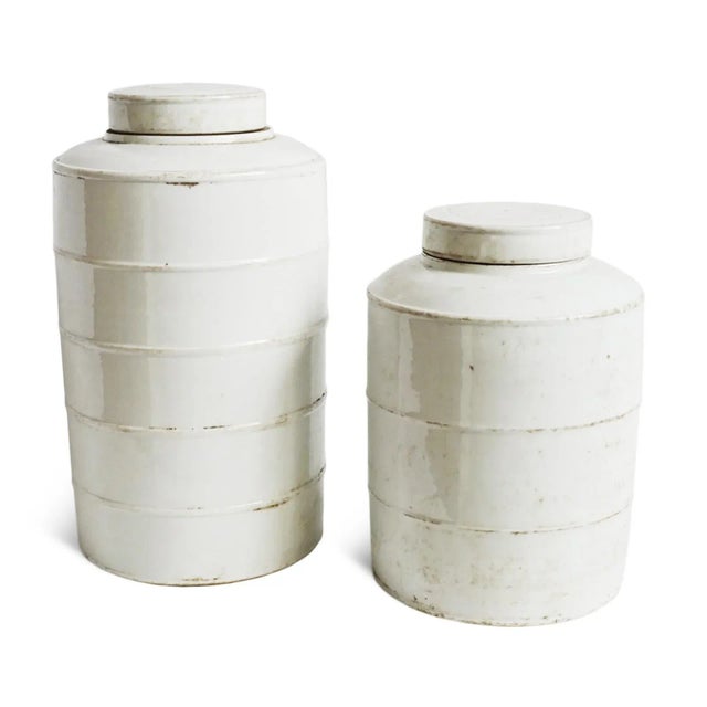 Vintage Farmhouse White Ceramic Jar With Lid Large For Sale - Image 4 of 4