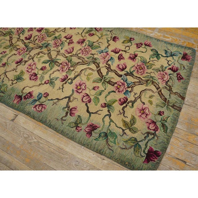 Textile 1930s Ivory Green Tree of Life Folk Art American Hooked Hallway Runner Rug For Sale - Image 7 of 9