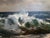 This expressive vintage oil painting depicts a dramatic coastal seascape with powerful rolling waves crashing against...