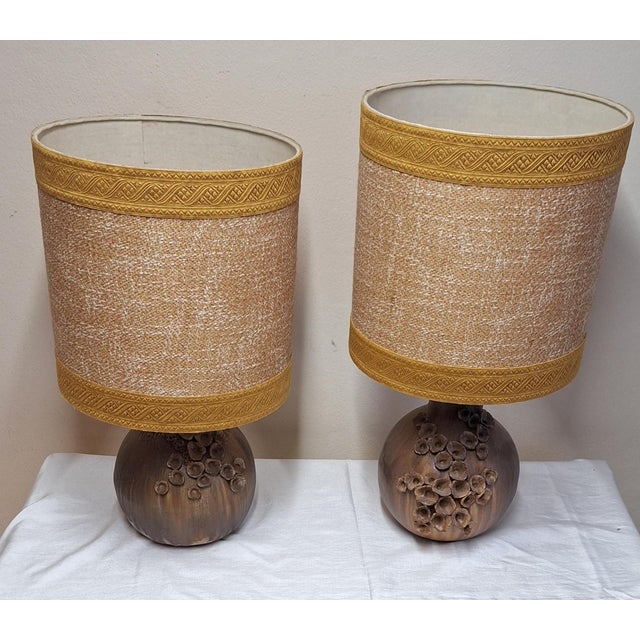 Vintage Table Lamps with Brown Ceramic Bases and Fabric Shades, 1970s, Set of 2 For Sale - Image 4 of 11
