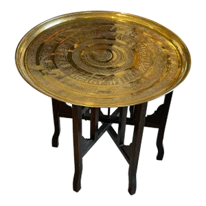 Early Brass Tray Table With Folding Wood Base