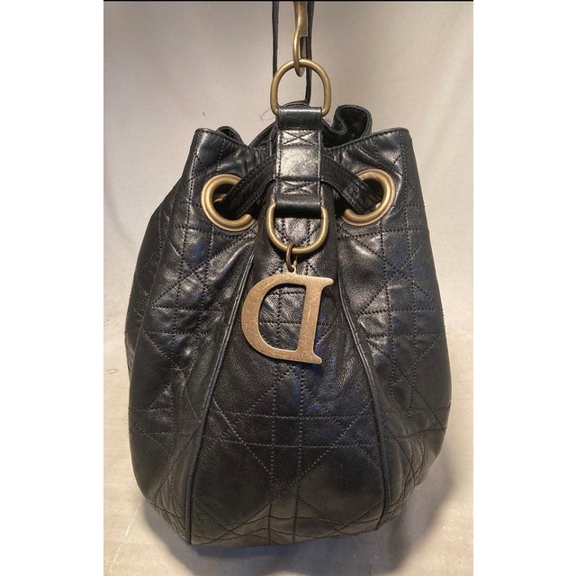 Christian Dior Christian Dior Black Leather Cannage Drawstring Shoulder Bag For Sale - Image 4 of 11