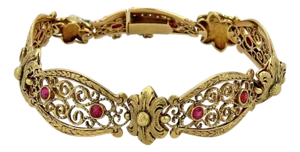 Antique Fancy Long Floral 18 Yellow Gold & Red Stones Open Link Bracelet