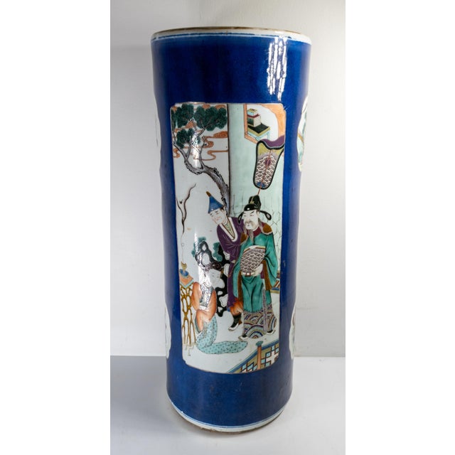 We are selling this beautiful Chinese Powder Blue and Famille verte umbrella or cane holder. This large porcelain piece...