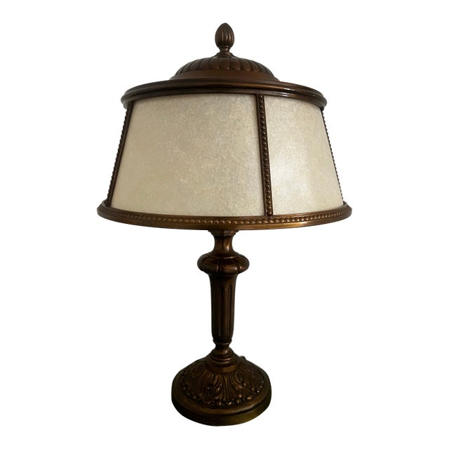Substantial Antique Bronze Table Lamp, Original Vellum Shade, Rewired, Circa 1930s For Sale