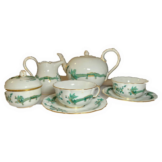 Chinese Mid 20th Century Meissen “Green Dragon” Porcelain Tea Set with Gold Accents - Set of 7 For Sale - Image 3 of 4