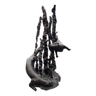 Bronzed Metal Swimming Otters in Kelp Garden Fountain Sculpture For Sale