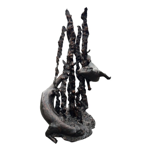 Bronzed Metal Swimming Otters in Kelp Garden Fountain Sculpture For Sale
