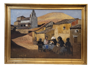 José María García Fernández, Pueblo Castellano, 1980s, Oil Painting on Canvas, Framed