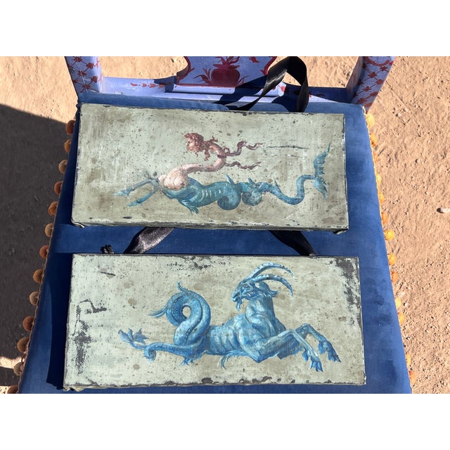 Early 20th Century Renaissance Revival Grotesque Style Handpainted Oil on Leather Marine Monster Paintings a Pair For Sale - Image 12 of 13