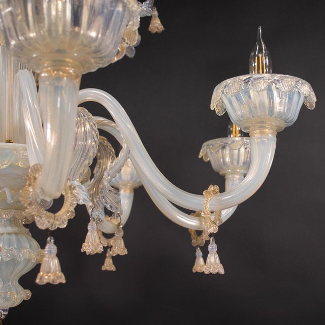 Off-white Large 8-Arm Ca’ Rezzonico Style Gold-Infused Opaline Murano Chandelier in the Manner of Giuseppe Briati For Sale - Image 8 of 18