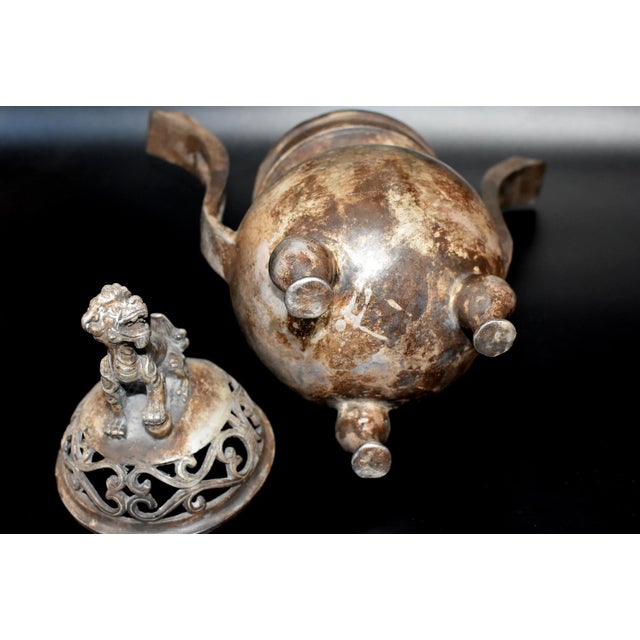 Chinese Antique Incense Burner, Large, White Brass With Foo Dog For Sale - Image 12 of 13