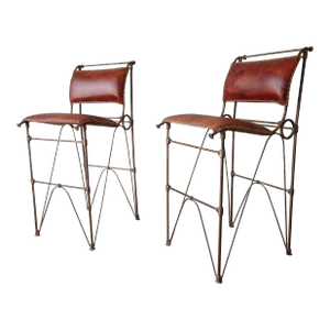 Rustic Pair of Leather Bar Stools by Ilana Goor