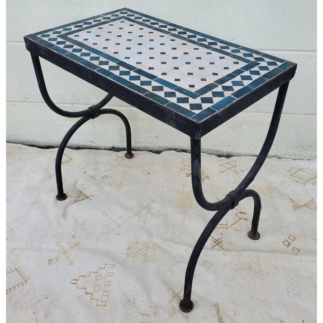 Moroccan Handmade Moroccan White and Petrol Blue Mosaic Side Table, Rectangular For Sale - Image 3 of 10