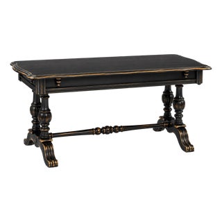 Late 19th Century French Country Solid Wood Trestle Console Table in Black & Gilt For Sale