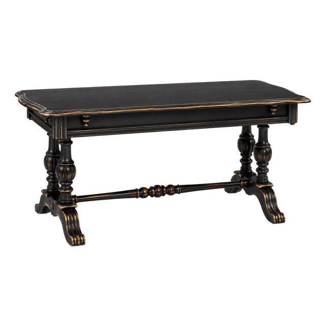 Late 19th Century French Country Solid Wood Trestle Console Table in Black & Gilt For Sale
