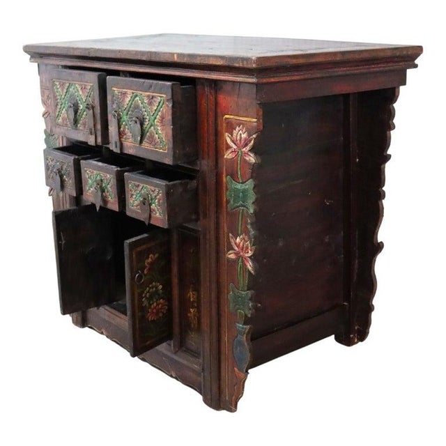 Antique Tibetan Floral Polychromed & Carved Rosewood Tea Cabinet C1890 For Sale - Image 11 of 15