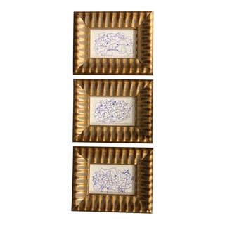1980’s Gallery Wall Collection-3 Small Wayne Cunningham Abstract Blue Ink Drawings Gold Frames-Set of 3 For Sale