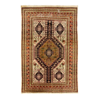 Vintage Handmade Persian Ivory Geometric Wool Rug 4'9" X 6'10" For Sale