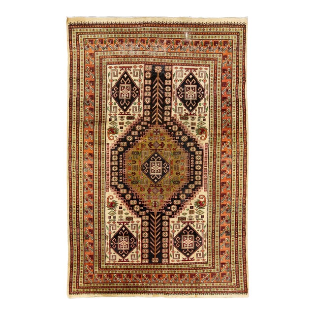 Vintage Handmade Persian Ivory Geometric Wool Rug 4'9" X 6'10" For Sale