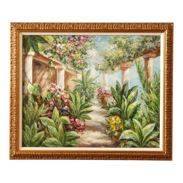 Italian Garden Atrium Landscape Painting, Signed 'A. Rogers' For Sale