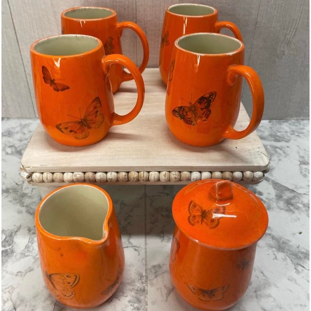 Vintage 1960's Mid Century Modern Cottage Core Butterfly Coffee Mugs & Creamer Sugar Bowl Set - Set of 6 For Sale - Image 13 of 14