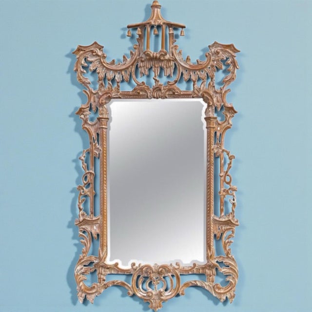 Labarge 1970s Italian Chinese Chippendale Style Cerused Carved Wood Pagoda Form LaBarge Mirror For Sale - Image 4 of 6