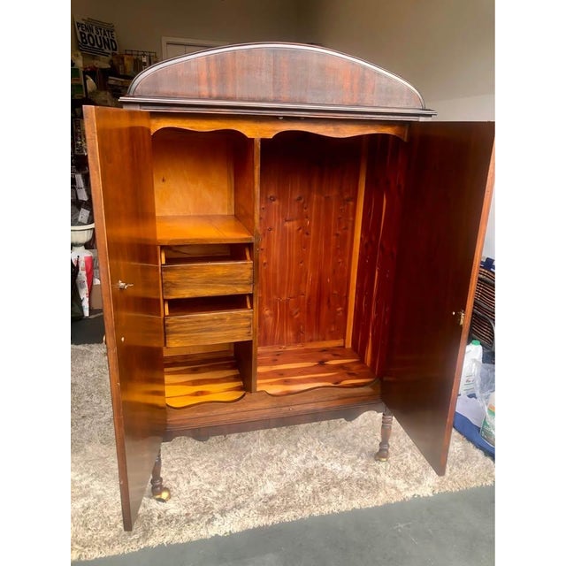 Antique Art Deco Mahogany Chifforobe — Cedar Lining, Carved Doors, Brass Casters, C. 1930s–1940s For Sale - Image 10 of 11