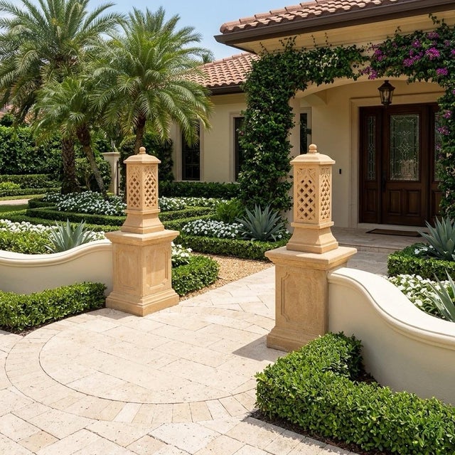 Sand Pair of Monumental Cast Stone Pagoda Garden Lanterns For Sale - Image 8 of 12