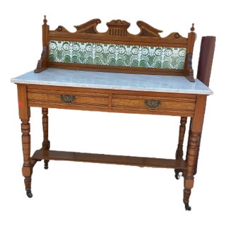 Early 20th Century Victorian-Style Rolling Work Cabinet With Marble Top and Decorative Tile For Sale